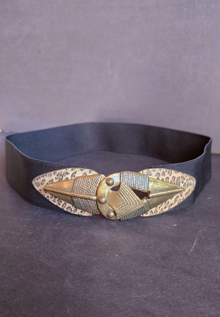 Omega Belt Womens Large 29-30 Black Elastic Leopard Buckle Stretch Waist
